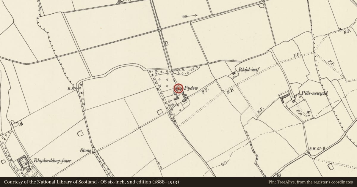 Ordnance Survey six-inch map, 2nd edition (1888–1913) covering the location of North Range of Farm Buildings at Pydew Farm, Prestatyn, Denbighshire, with a pin at the register's coordinates