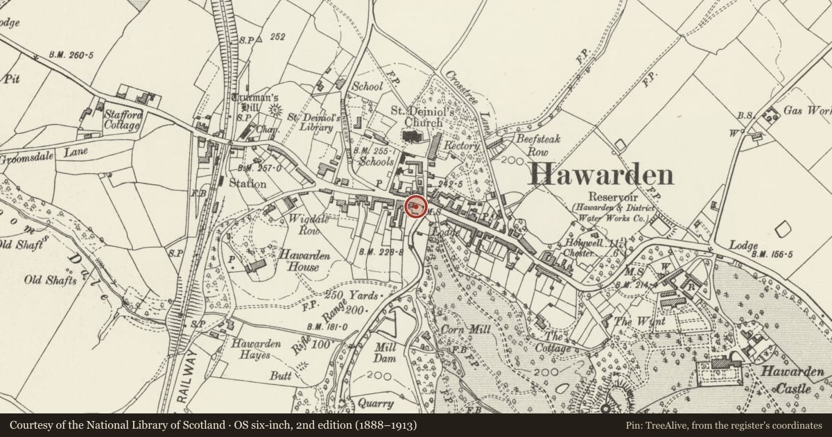 Ordnance Survey six-inch map, 2nd edition (1888–1913) covering the location of Lloyds Bank, Hawarden, Flintshire, with a pin at the register's coordinates