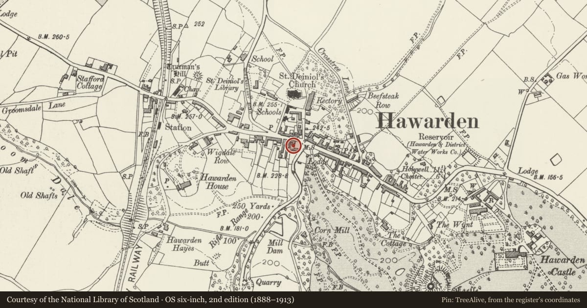 Ordnance Survey six-inch map, 2nd edition (1888–1913) covering the location of Attached Former Bank Manager Manager's House to Lloyds Bank, Hawarden, Flintshire, with a pin at the register's coordinates