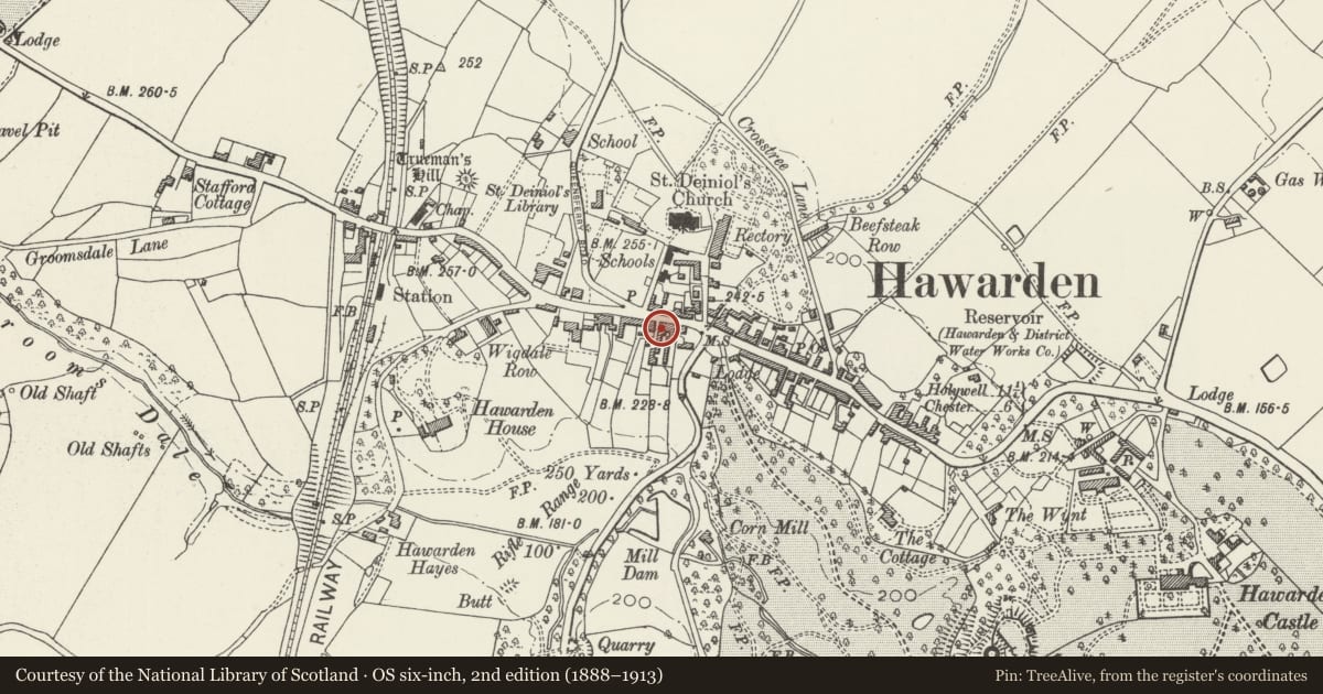 Ordnance Survey six-inch map, 2nd edition (1888–1913) covering the location of The Fox and Grapes PH, Hawarden, Flintshire, with a pin at the register's coordinates