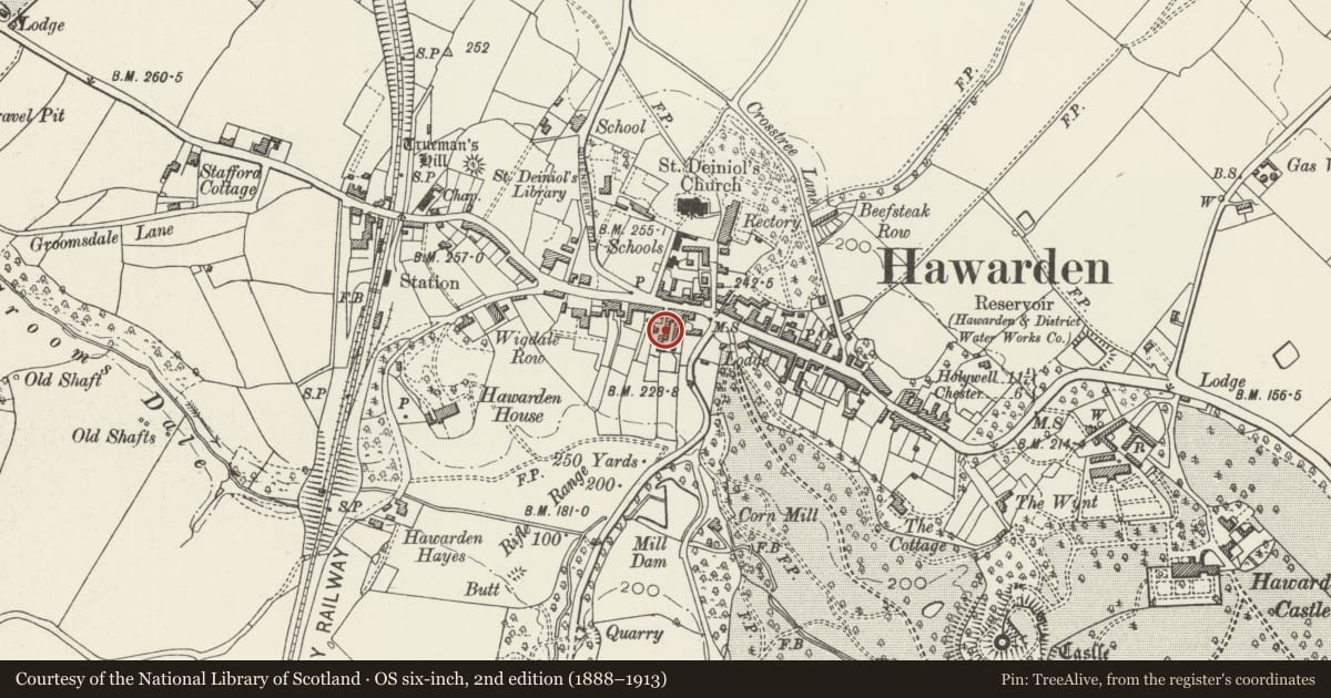 Ordnance Survey six-inch map, 2nd edition (1888–1913) covering the location of Range to rear of The Fox and Grapes PH, Hawarden, Flintshire, with a pin at the register's coordinates