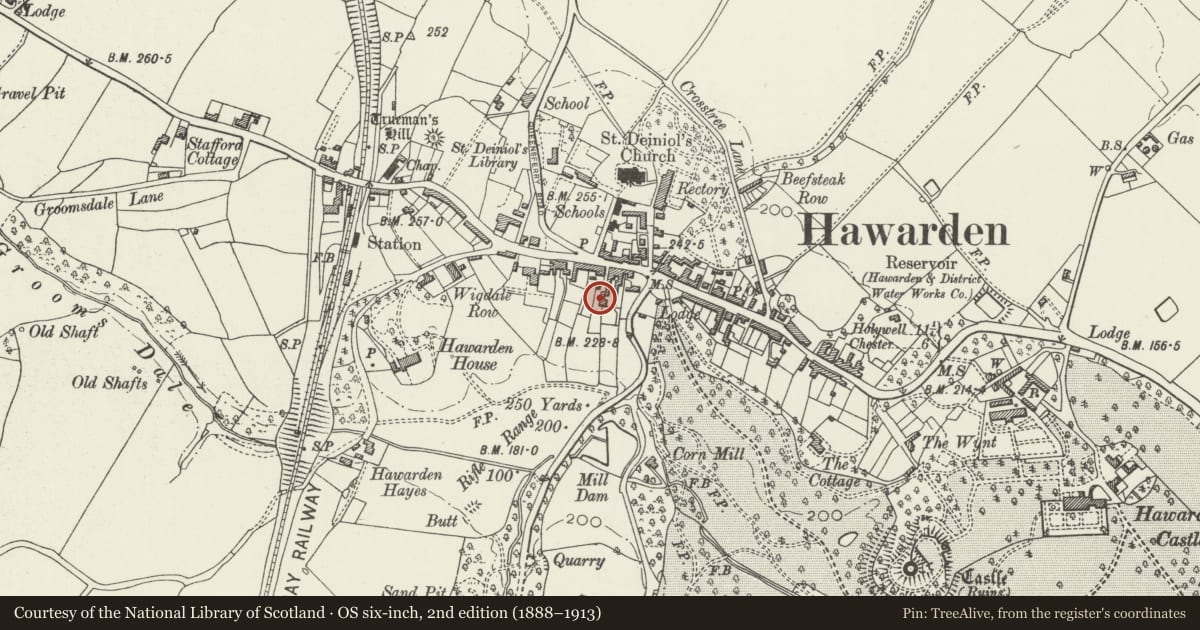 Ordnance Survey six-inch map, 2nd edition (1888–1913) covering the location of Former Estate Granary, Hawarden, Flintshire, with a pin at the register's coordinates