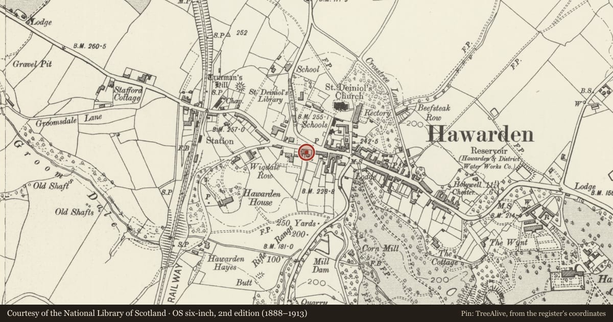 Ordnance Survey six-inch map, 2nd edition (1888–1913) covering the location of 24 The Highway, Hawarden, Flintshire, with a pin at the register's coordinates