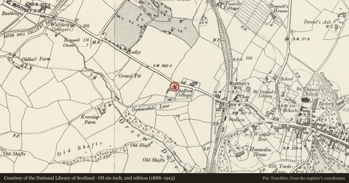Ordnance Survey six-inch map, 2nd edition (1888–1913) covering the location of Stafford House, Hawarden, Flintshire, with a pin at the register's coordinates