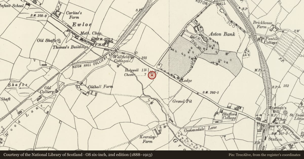 Ordnance Survey six-inch map, 2nd edition (1888–1913) covering the location of Hawarden High School, original, central block with contemporary wings and including 1905 additions, Flintshire, with a pin at the register's coordinates