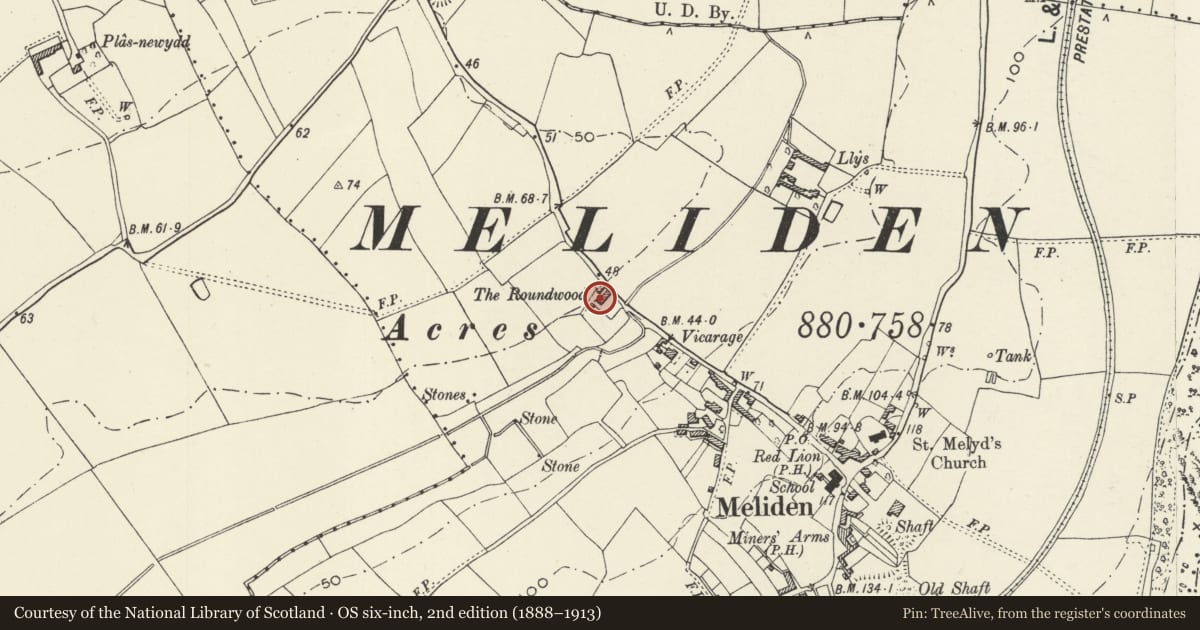 Ordnance Survey six-inch map, 2nd edition (1888–1913) covering the location of The Priory, Prestatyn, Denbighshire, with a pin at the register's coordinates