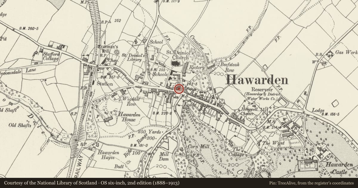Ordnance Survey six-inch map, 2nd edition (1888–1913) covering the location of The Post Office, Hawarden, Flintshire, with a pin at the register's coordinates