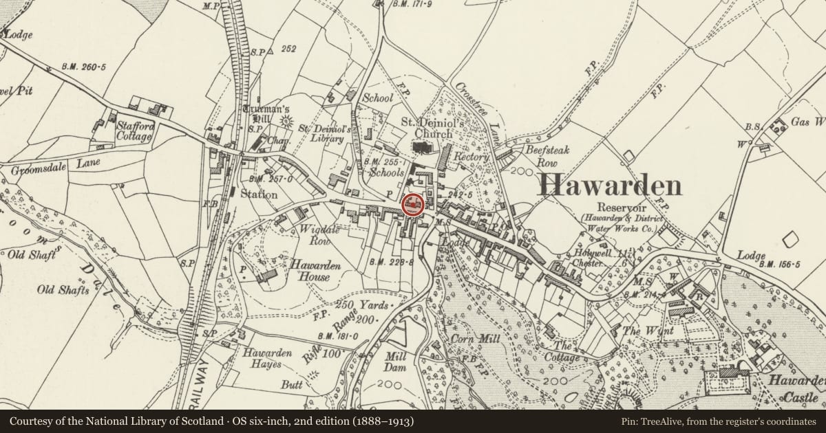 Ordnance Survey six-inch map, 2nd edition (1888–1913) covering the location of Surgery House, Hawarden, Flintshire, with a pin at the register's coordinates
