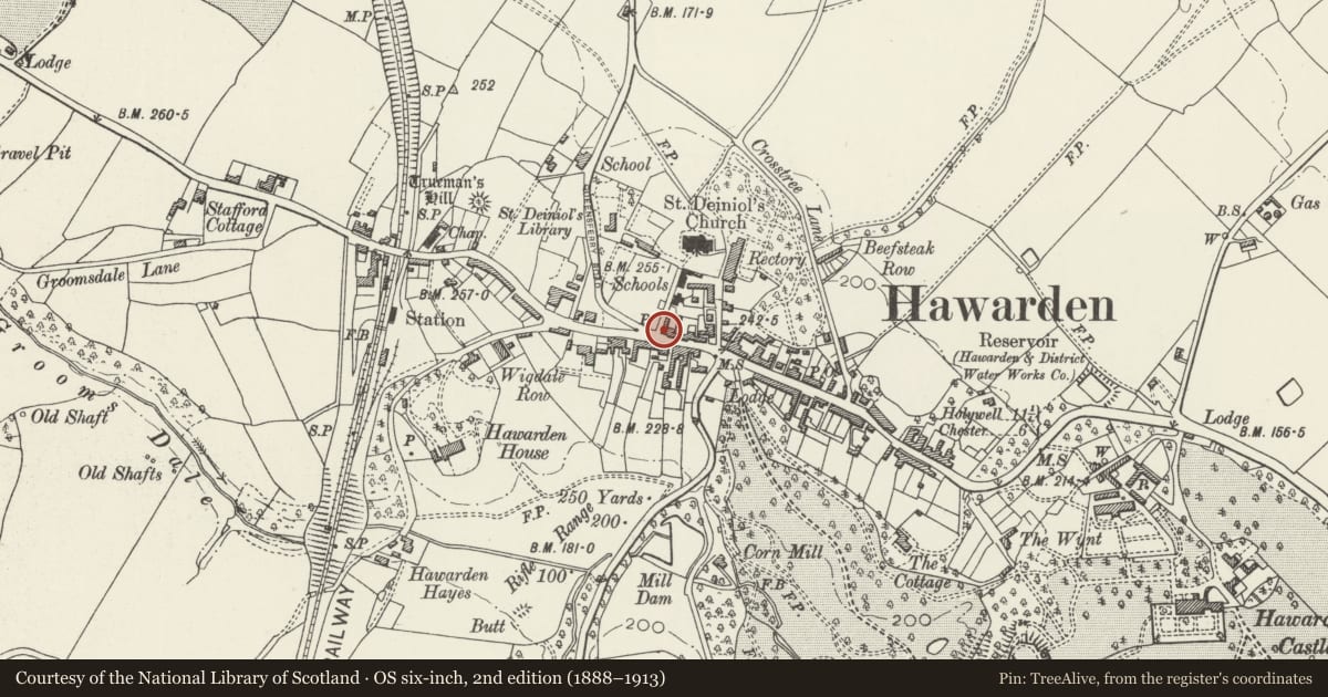 Ordnance Survey six-inch map, 2nd edition (1888–1913) covering the location of 17 The Highway, Hawarden, Flintshire, with a pin at the register's coordinates