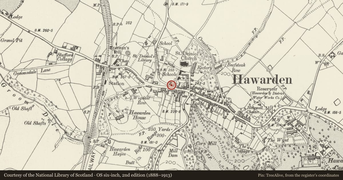 Ordnance Survey six-inch map, 2nd edition (1888–1913) covering the location of The Village Pump, Hawarden, Flintshire, with a pin at the register's coordinates