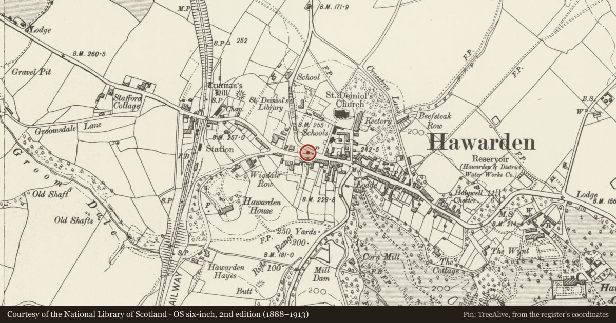 Ordnance Survey six-inch map, 2nd edition (1888–1913) covering the location of The War Memorial, Hawarden, Flintshire, with a pin at the register's coordinates
