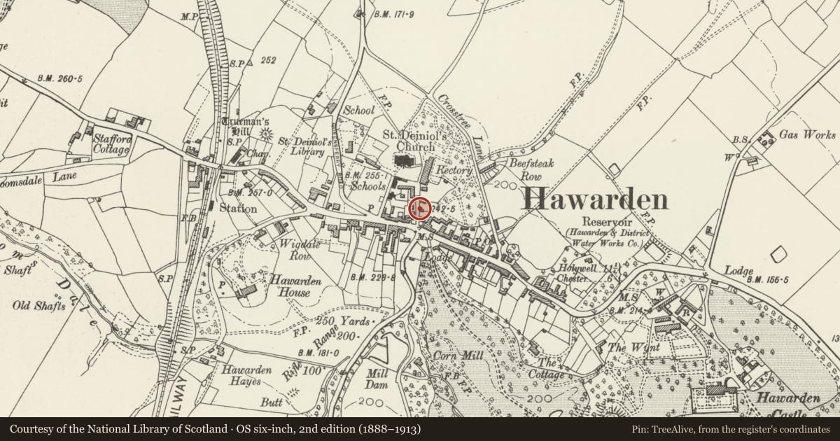 Ordnance Survey six-inch map, 2nd edition (1888–1913) covering the location of 3 Rectory Lane, Hawarden, Flintshire, with a pin at the register's coordinates