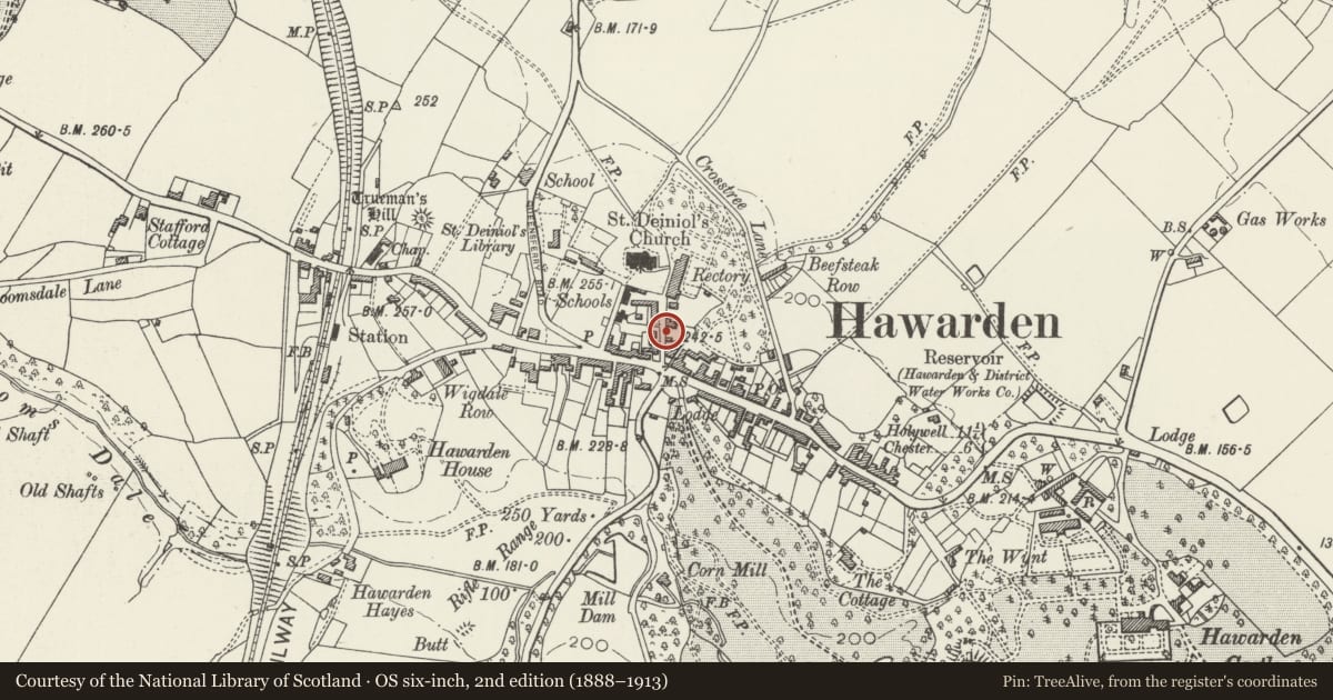Ordnance Survey six-inch map, 2nd edition (1888–1913) covering the location of 4 Rectory Lane, Hawarden, Flintshire, with a pin at the register's coordinates