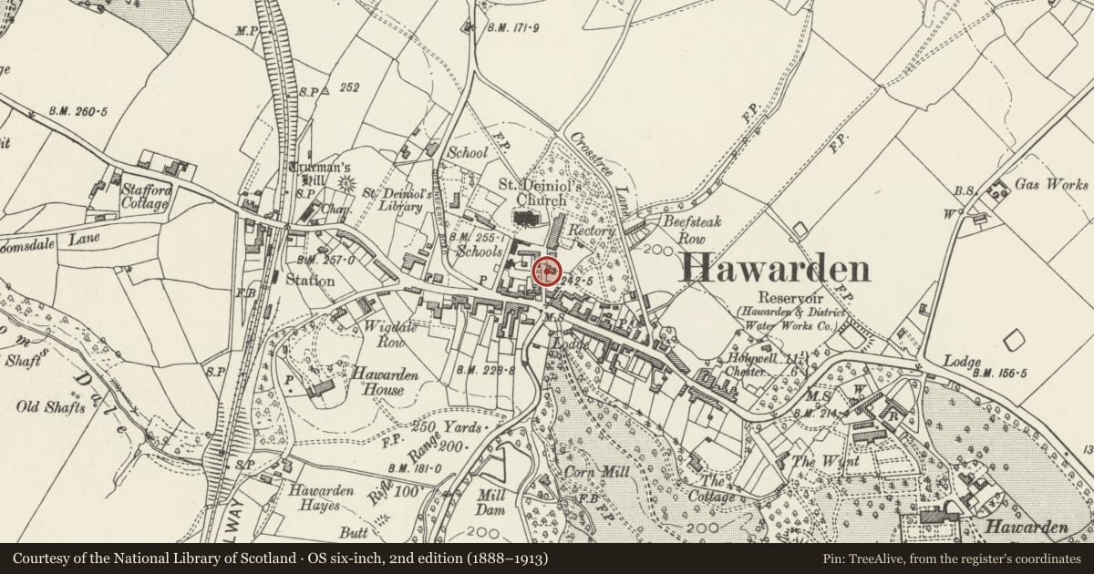 Ordnance Survey six-inch map, 2nd edition (1888–1913) covering the location of 5 Rectory Lane, Hawarden, Flintshire, with a pin at the register's coordinates