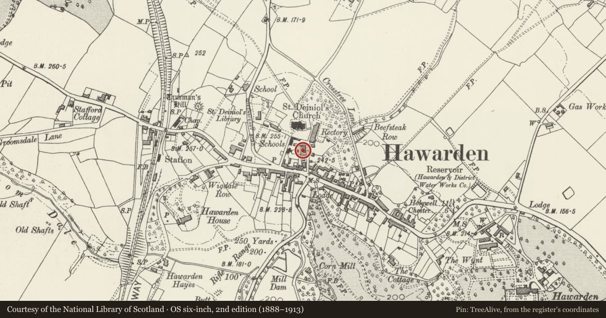 Ordnance Survey six-inch map, 2nd edition (1888–1913) covering the location of 1 Rectory Lane, Hawarden, Flintshire, with a pin at the register's coordinates