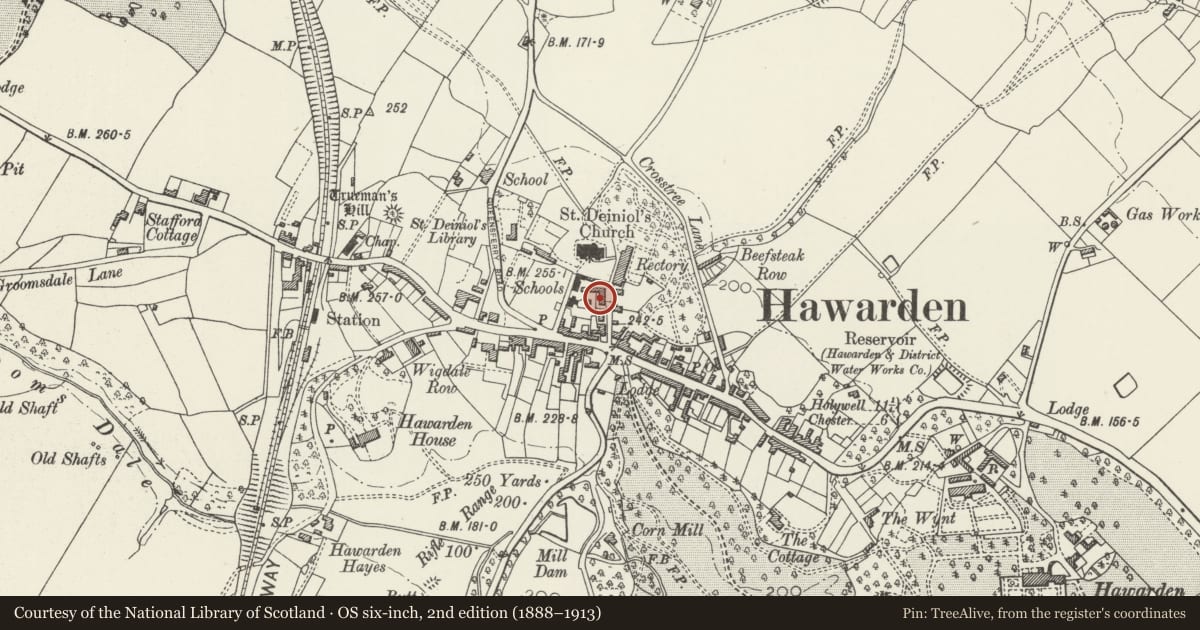 Ordnance Survey six-inch map, 2nd edition (1888–1913) covering the location of 2 Rectory Lane, Hawarden, Flintshire, with a pin at the register's coordinates
