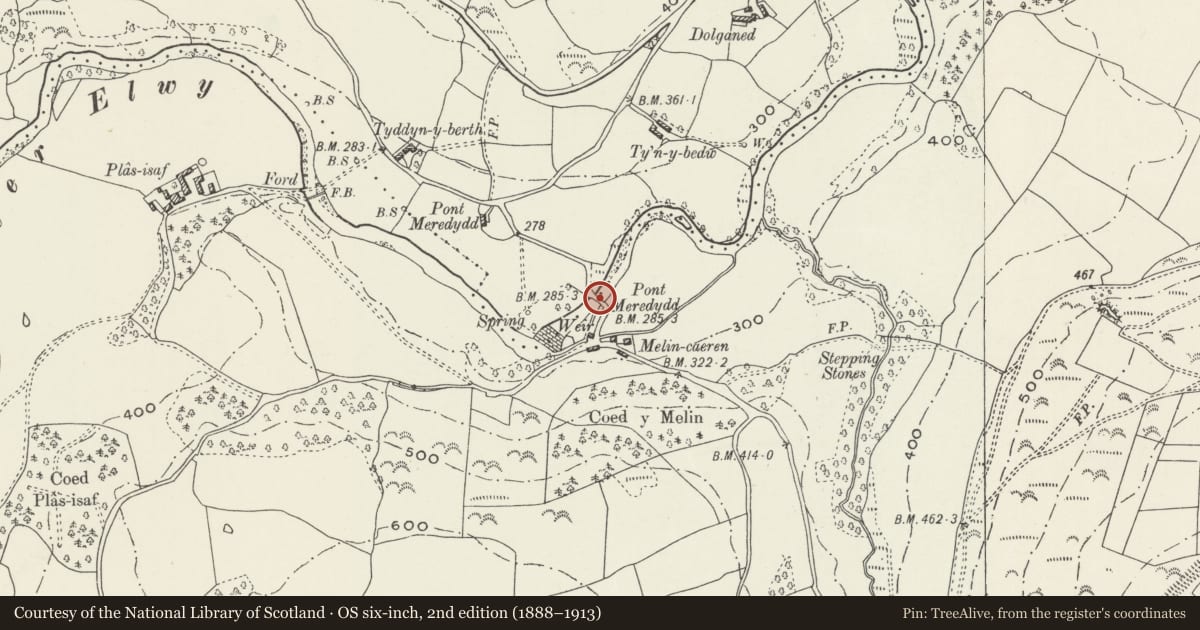Ordnance Survey six-inch map, 2nd edition (1888–1913) covering the location of Pont Meredydd, Llannefydd, Conwy, with a pin at the register's coordinates