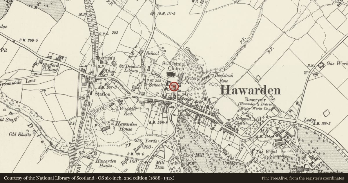 Ordnance Survey six-inch map, 2nd edition (1888–1913) covering the location of 7 Rectory Lane, Hawarden, Flintshire, with a pin at the register's coordinates