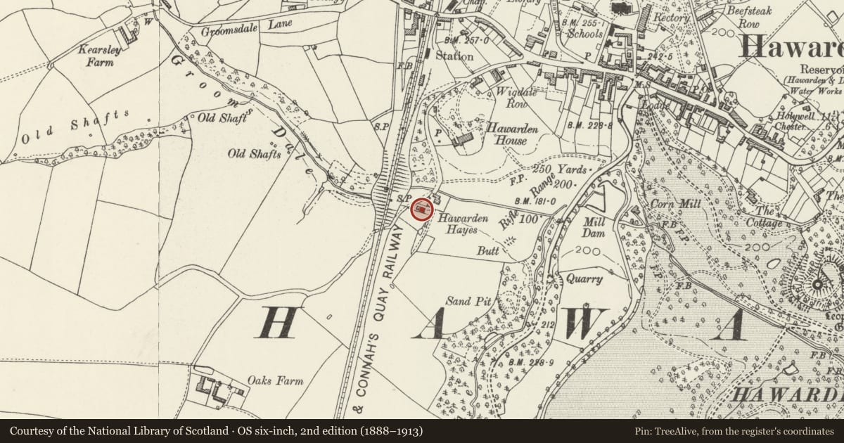 Ordnance Survey six-inch map, 2nd edition (1888–1913) covering the location of Harwarden Hayes, Hawarden, Flintshire, with a pin at the register's coordinates