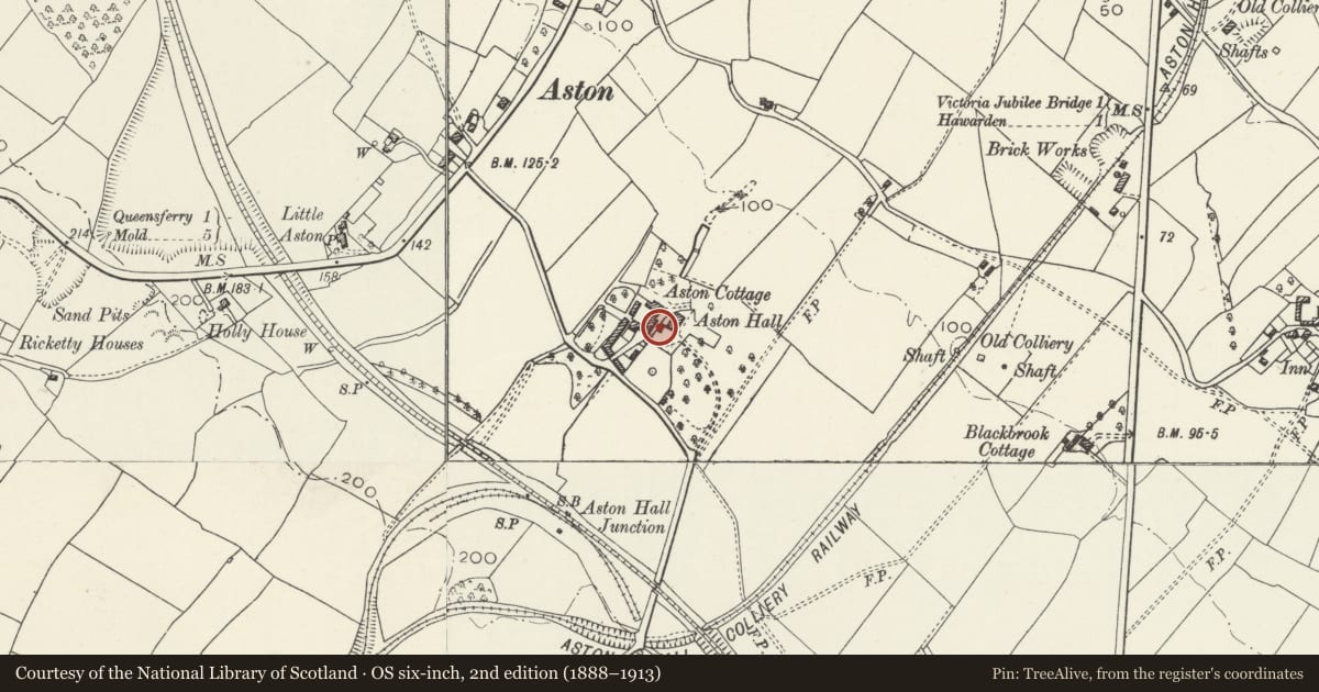 Ordnance Survey six-inch map, 2nd edition (1888–1913) covering the location of Aedocular Gateway at Aston Hall, Hawarden, Flintshire, with a pin at the register's coordinates