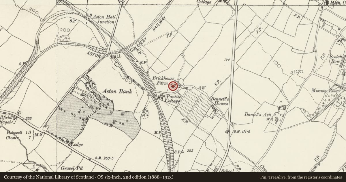 Ordnance Survey six-inch map, 2nd edition (1888–1913) covering the location of Brick-House Farmhouse, Hawarden, Flintshire, with a pin at the register's coordinates