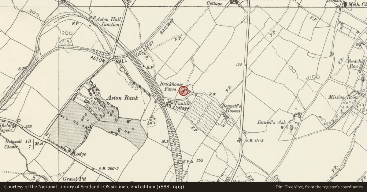 Ordnance Survey six-inch map, 2nd edition (1888–1913) covering the location of Attached Stable Range to Brick-House, Hawarden, Flintshire, with a pin at the register's coordinates