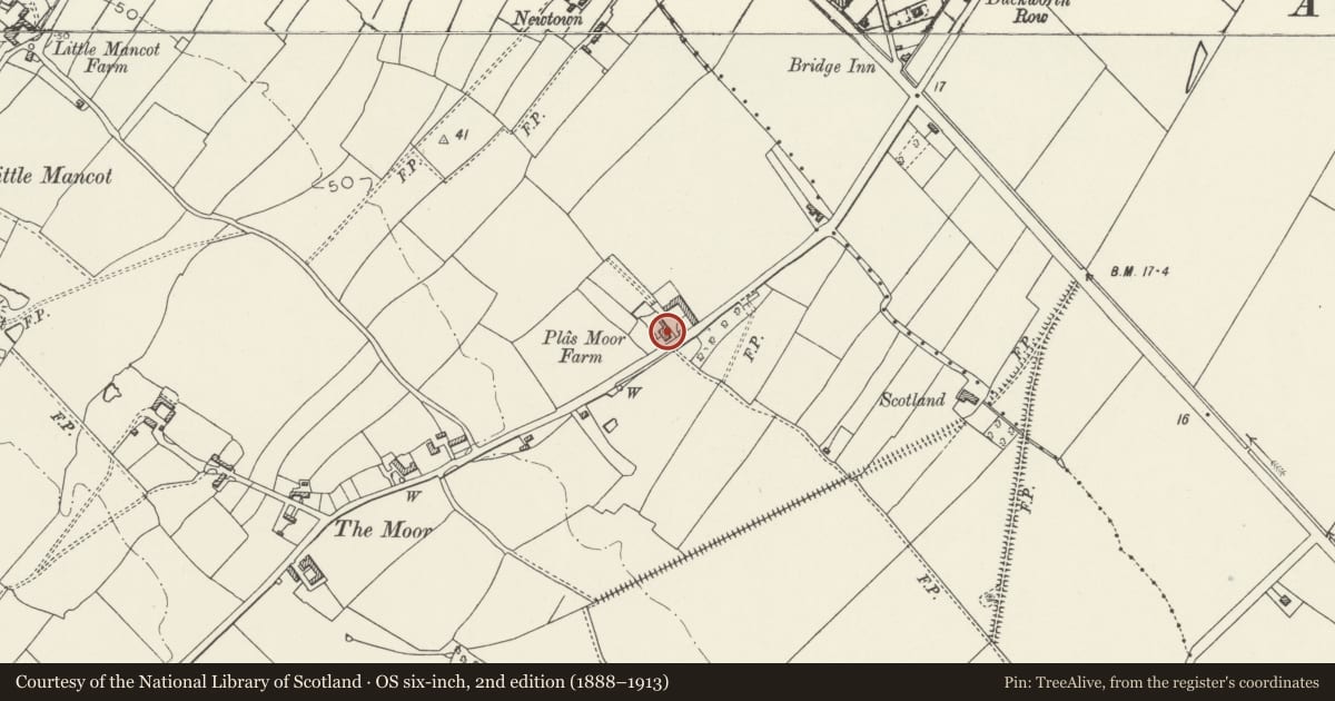 Ordnance Survey six-inch map, 2nd edition (1888–1913) covering the location of Plas Moor, Hawarden, Flintshire, with a pin at the register's coordinates