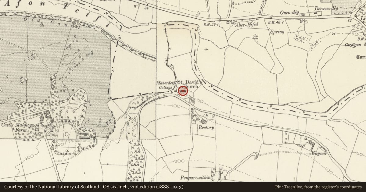 Ordnance Survey six-inch map, 2nd edition (1888–1913) covering the location of Manoreifi Old Church, Manordeifi, Pembrokeshire, with a pin at the register's coordinates