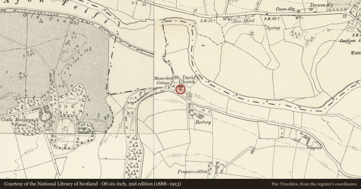 Ordnance Survey six-inch map, 2nd edition (1888–1913) covering the location of Churchyard at Manordeifi Old Church, Pembrokeshire, with a pin at the register's coordinates