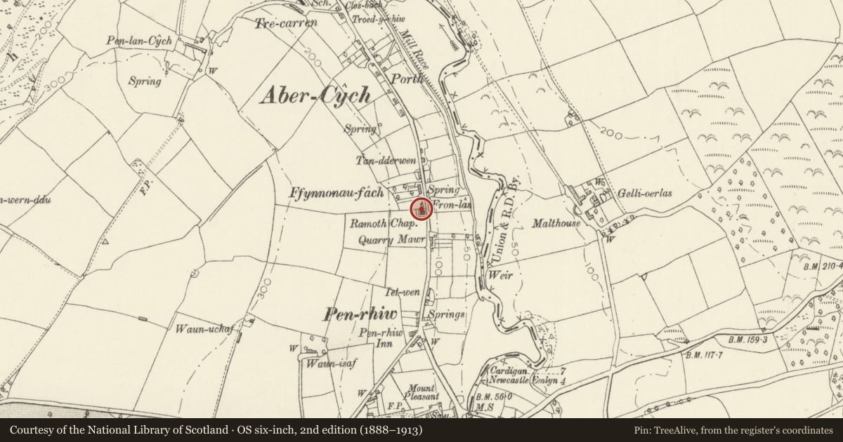 Ordnance Survey six-inch map, 2nd edition (1888–1913) covering the location of Ramoth Baptist Church, Manordeifi, Pembrokeshire, with a pin at the register's coordinates