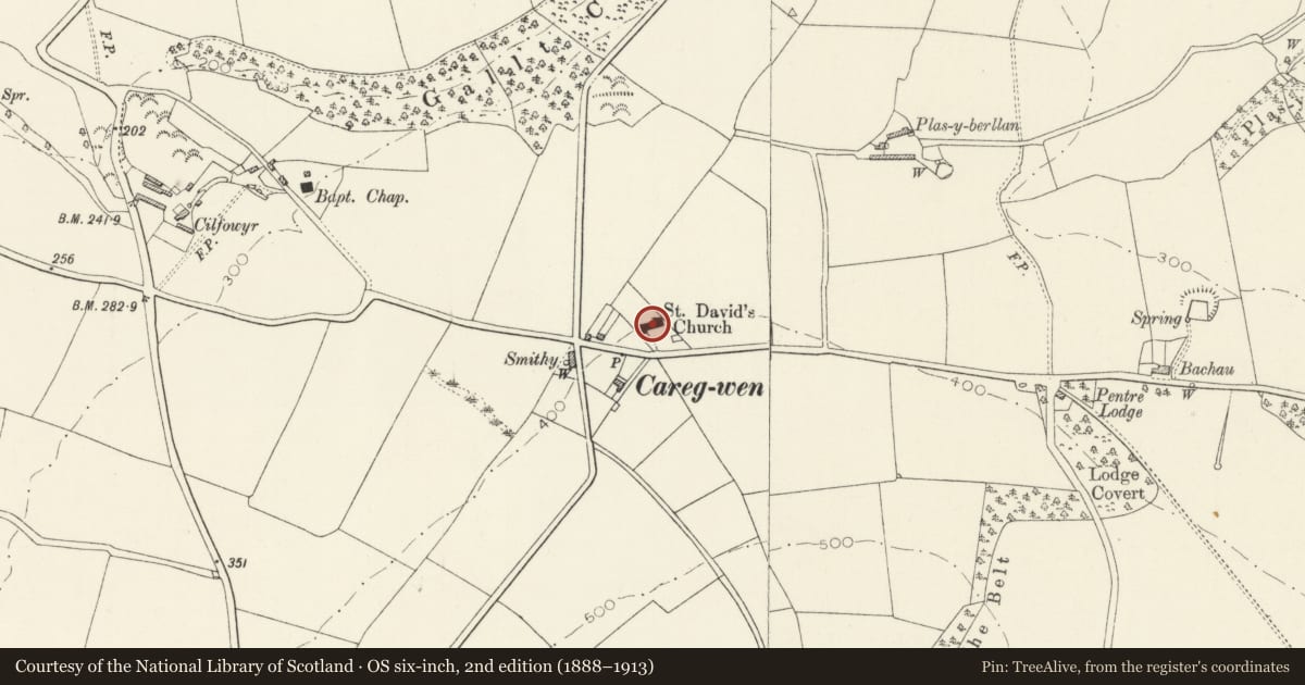Ordnance Survey six-inch map, 2nd edition (1888–1913) covering the location of Church of Saint David, Manordeifi, Pembrokeshire, with a pin at the register's coordinates