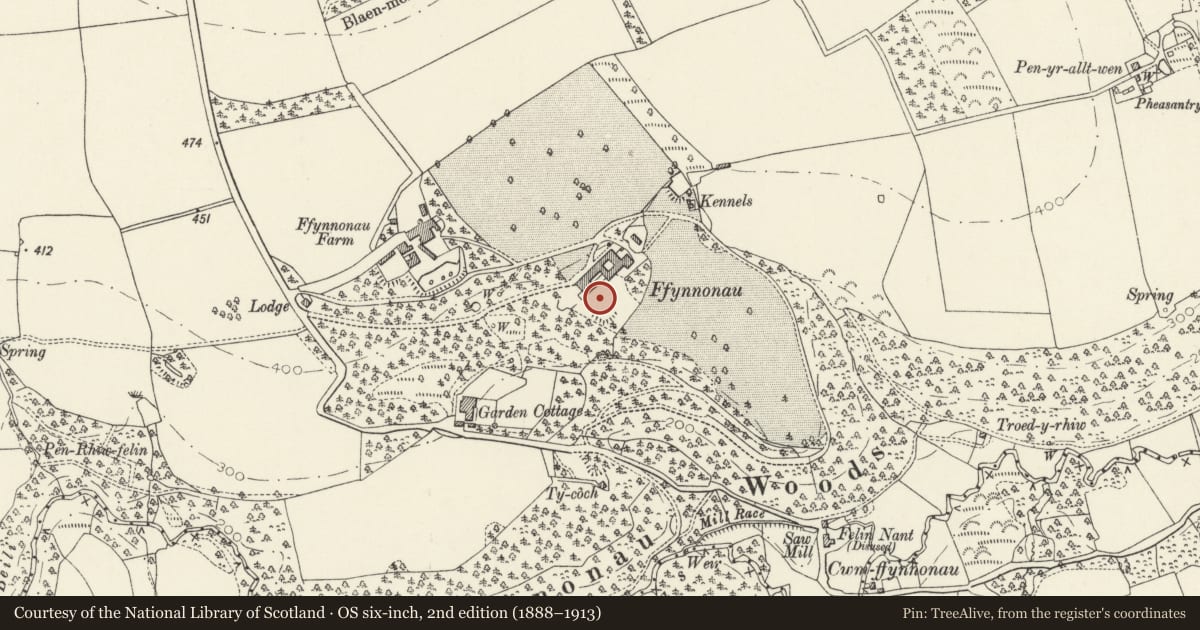 Ordnance Survey six-inch map, 2nd edition (1888–1913) covering the location of Terrace, Walls and Balustrades S of Ffynone, Manordeifi, Pembrokeshire, with a pin at the register's coordinates
