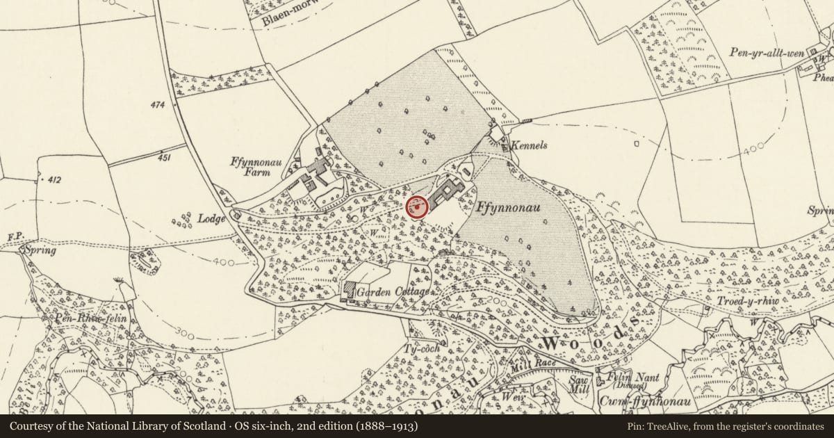 Ordnance Survey six-inch map, 2nd edition (1888–1913) covering the location of Terrace Wall and Balustrade to W Garden at Ffynone, Manordeifi, Pembrokeshire, with a pin at the register's coordinates