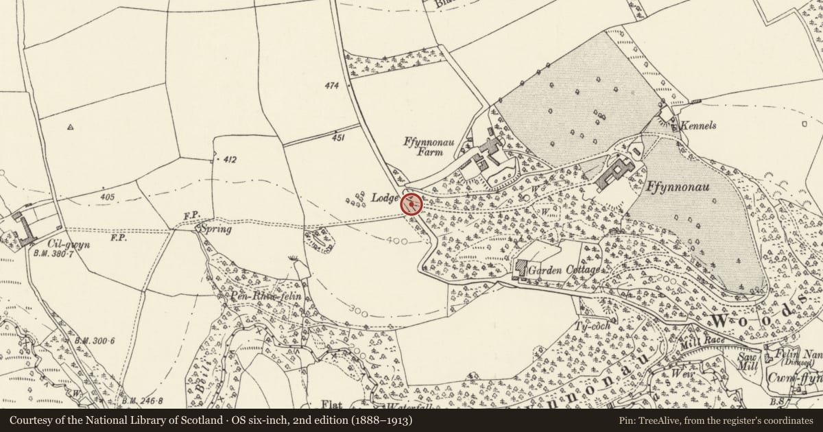 Ordnance Survey six-inch map, 2nd edition (1888–1913) covering the location of Entrance Gates and Piers to Ffynone, Manordeifi, Pembrokeshire, with a pin at the register's coordinates