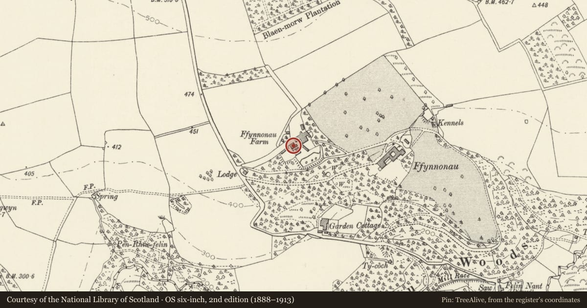 Ordnance Survey six-inch map, 2nd edition (1888–1913) covering the location of Large arched outbuilding on NW Side of Ffynone Farmyard, Manordeifi, Pembrokeshire, with a pin at the register's coordinates