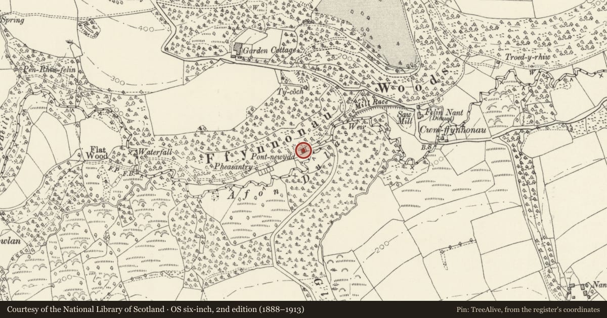 Ordnance Survey six-inch map, 2nd edition (1888–1913) covering the location of Pont Newydd Cottage, Manordeifi, Pembrokeshire, with a pin at the register's coordinates