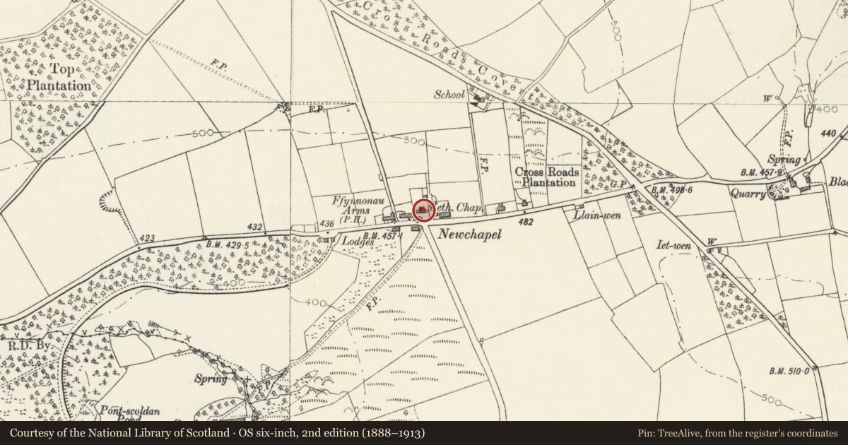 Ordnance Survey six-inch map, 2nd edition (1888–1913) covering the location of Capel Newydd, Manordeifi, Pembrokeshire, with a pin at the register's coordinates