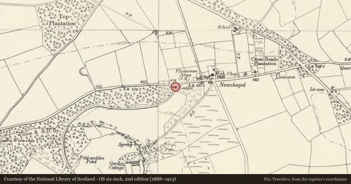 Ordnance Survey six-inch map, 2nd edition (1888–1913) covering the location of Attached Gatepier and Railings to No 1, Cilwendeg Lodge, Manordeifi, Pembrokeshire, with a pin at the register's coordinates