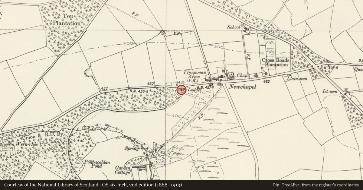 Ordnance Survey six-inch map, 2nd edition (1888–1913) covering the location of No 2, Cilwendeg Lodge, Manordeifi, Pembrokeshire, with a pin at the register's coordinates