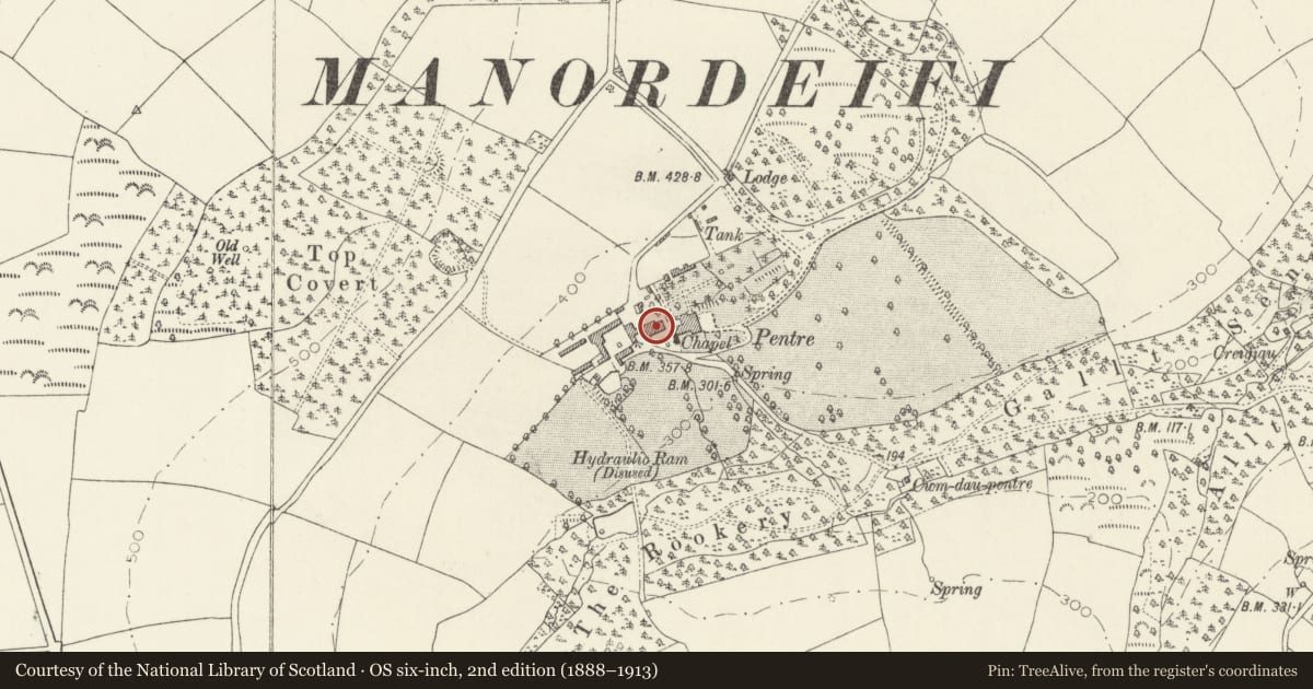 Ordnance Survey six-inch map, 2nd edition (1888–1913) covering the location of Pentre Farmhouse and Cottage, Manordeifi, Pembrokeshire, with a pin at the register's coordinates