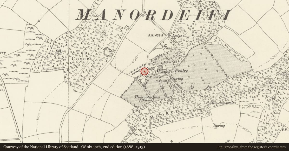 Ordnance Survey six-inch map, 2nd edition (1888–1913) covering the location of Building in Centre of Pentre Farmyard, Manordeifi, Pembrokeshire, with a pin at the register's coordinates