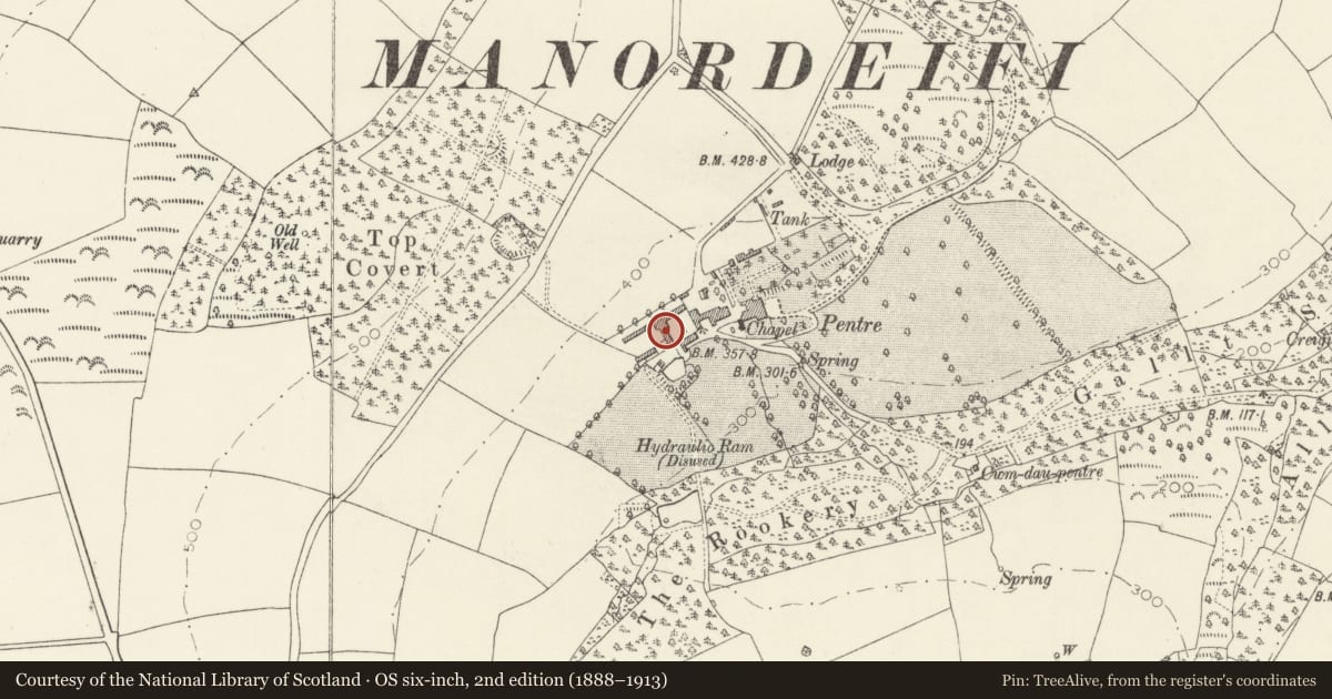 Ordnance Survey six-inch map, 2nd edition (1888–1913) covering the location of Farm Buildings on West Side of Yard at Pentre Farm, Manordeifi, Pembrokeshire, with a pin at the register's coordinates