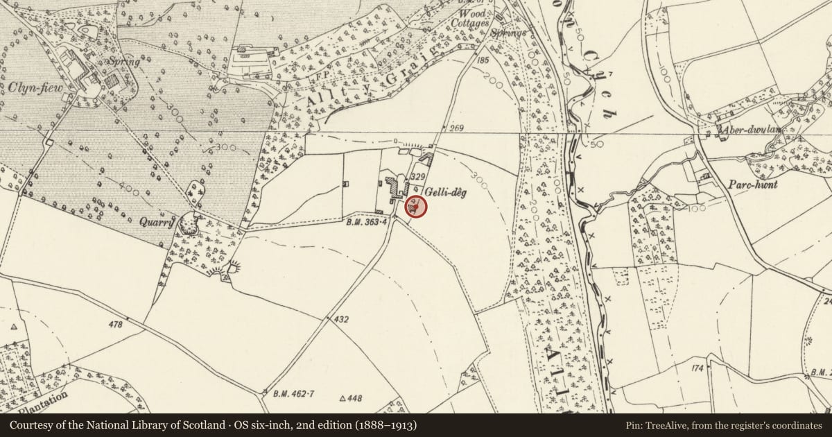 Ordnance Survey six-inch map, 2nd edition (1888–1913) covering the location of Outbuilding to rear of Gellideg, Manordeifi, Pembrokeshire, with a pin at the register's coordinates
