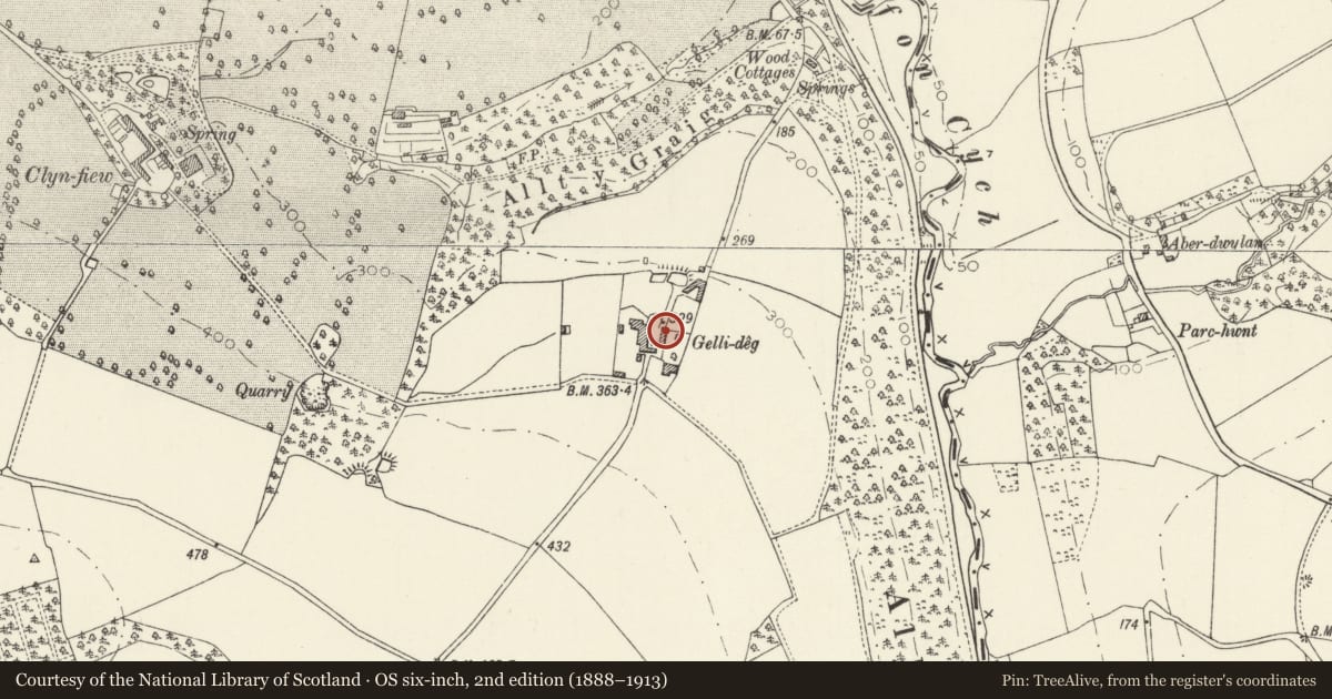 Ordnance Survey six-inch map, 2nd edition (1888–1913) covering the location of Outbuilding on E Side of Farmyard at Gellideg, Manordeifi, Pembrokeshire, with a pin at the register's coordinates