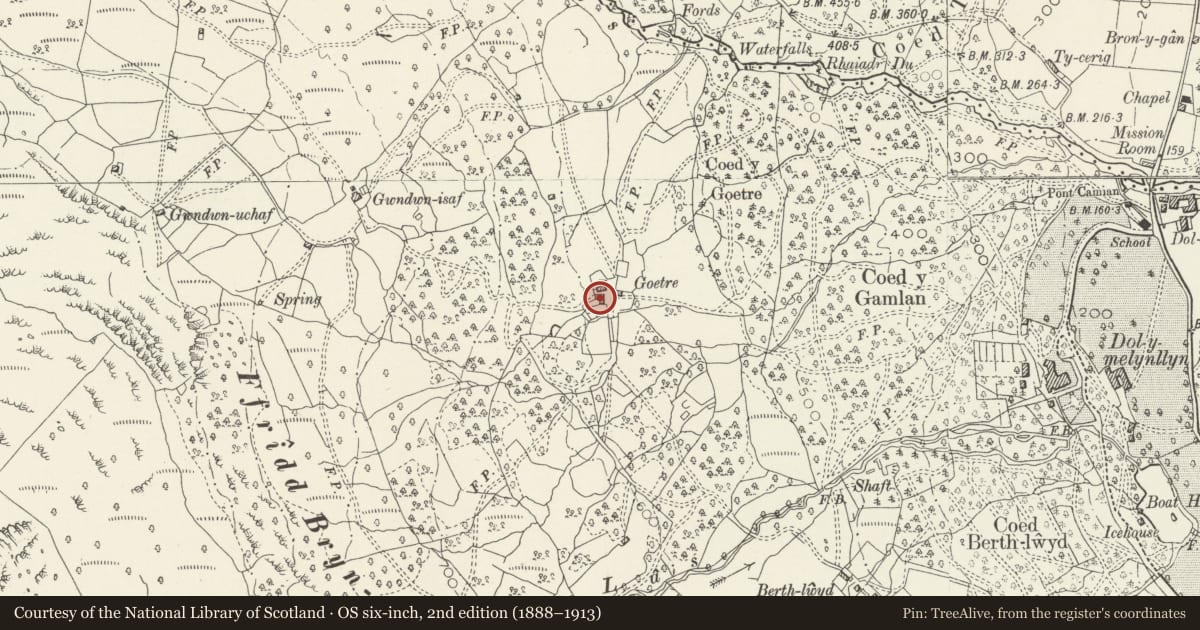 Ordnance Survey six-inch map, 2nd edition (1888–1913) covering the location of Barn at Goetre, Ganllwyd, Gwynedd, with a pin at the register's coordinates