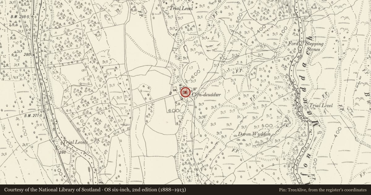 Ordnance Survey six-inch map, 2nd edition (1888–1913) covering the location of Cefndeuddwr Farmhouse, Ganllwyd, Gwynedd, with a pin at the register's coordinates