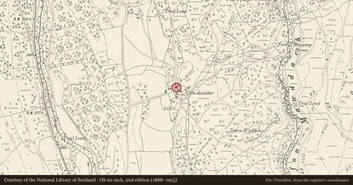 Ordnance Survey six-inch map, 2nd edition (1888–1913) covering the location of Upper Barn at Cefndeuddwr, Ganllwyd, Gwynedd, with a pin at the register's coordinates