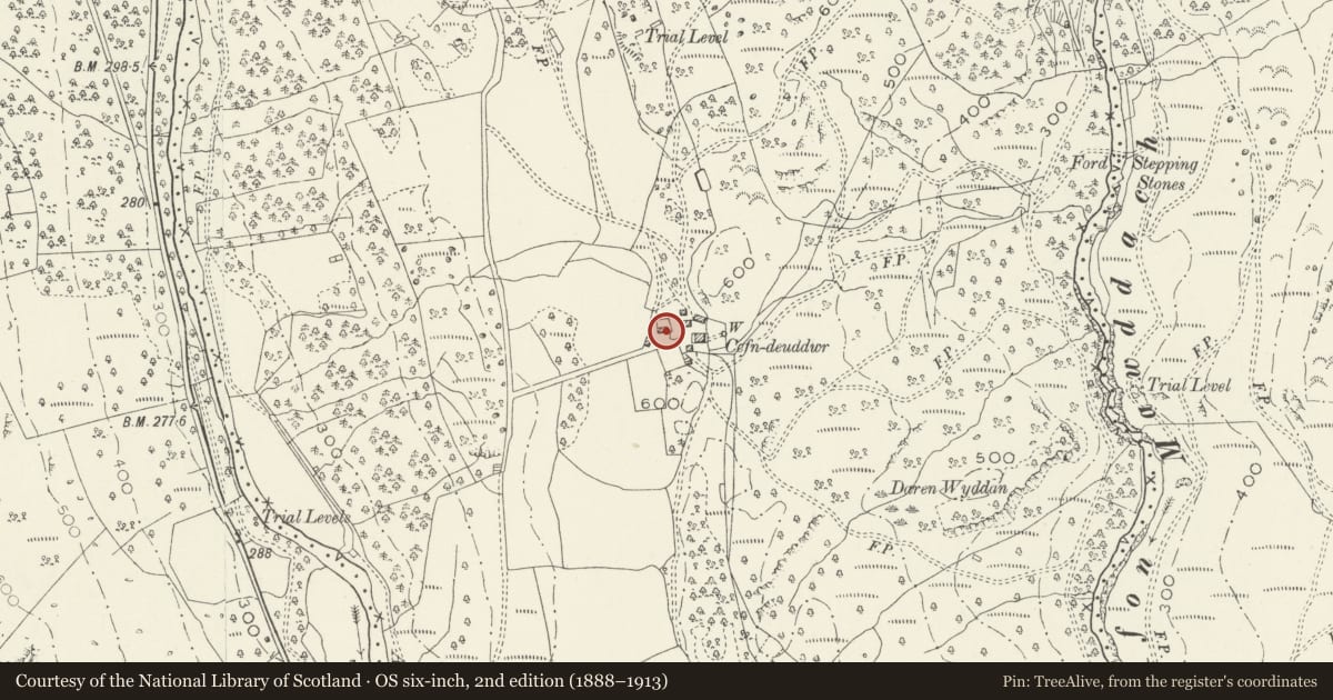 Ordnance Survey six-inch map, 2nd edition (1888–1913) covering the location of Lower Barn at Cefndeuddwr, Ganllwyd, Gwynedd, with a pin at the register's coordinates