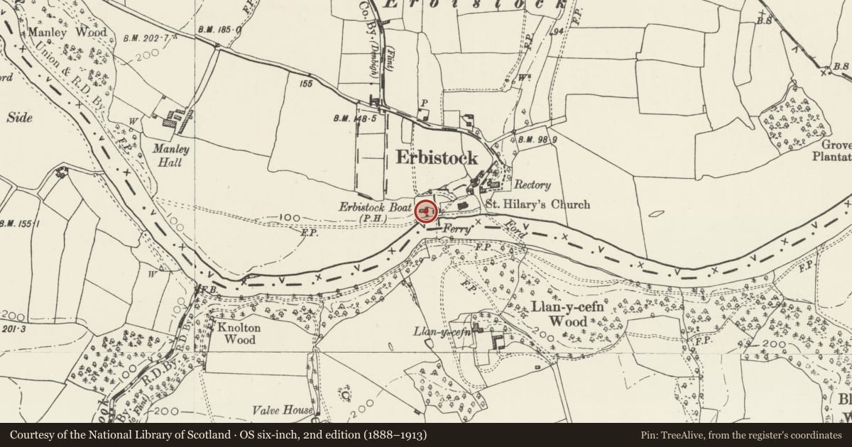Ordnance Survey six-inch map, 2nd edition (1888–1913) covering the location of The Boat Inn PH, Erbistock, Wrexham, with a pin at the register's coordinates