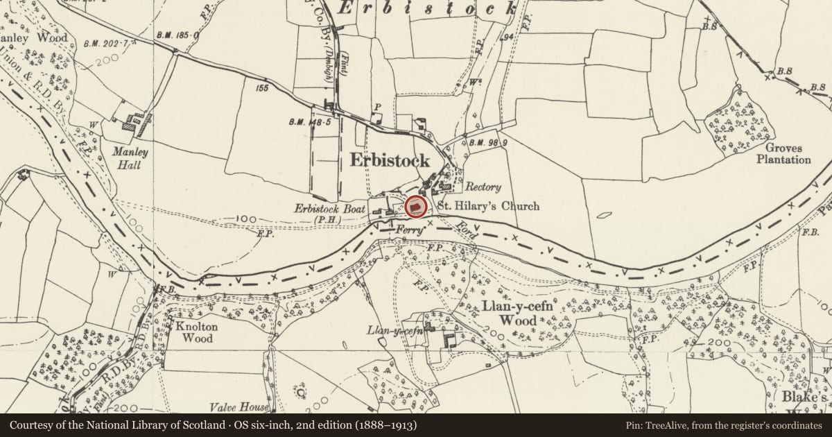 Ordnance Survey six-inch map, 2nd edition (1888–1913) covering the location of Church of Saint Hilary, Erbistock, Wrexham, with a pin at the register's coordinates